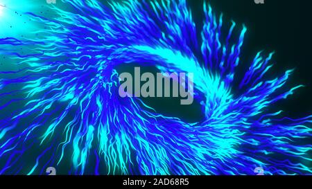 Blaue Spirale und Kugeln, abstrakte Farbe wurmloch Tunnel, Hintergrund mit Rotation der Linien und der Teilchen. 2D- und 3D-Animation. Wachsende Reihe von optischen Fasern Stockfoto