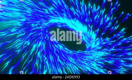 Blaue Spirale und Kugeln, abstrakte Farbe wurmloch Tunnel, Hintergrund mit Rotation der Linien und der Teilchen. 2D- und 3D-Animation. Wachsende Reihe von optischen Fasern Stockfoto