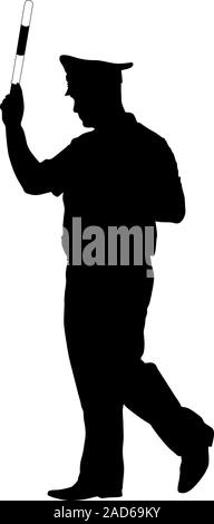 Schwarze Silhouetten des Polizeibeamten mit einer Stange auf weißem Hintergrund. Stock Vektor