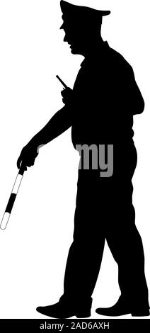 Schwarze Silhouetten des Polizeibeamten mit einer Stange auf weißem Hintergrund. Stock Vektor