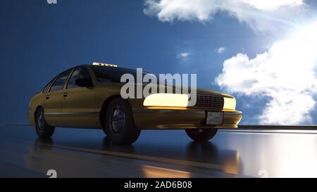 Gelbe Taxis auf der Straße, Autobahn. Und blauer Himmel. Transport- und Logistikkonzept. 3D-Darstellung. Stockfoto