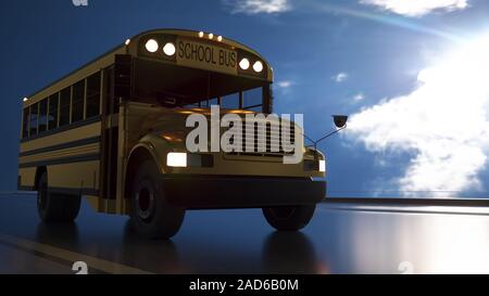 School Bus fahren auf der Straße. Und blauer Himmel. Transport- und Logistikkonzept. 3D-Darstellung. Stockfoto