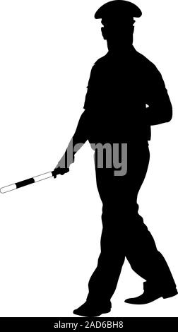 Schwarze Silhouetten des Polizeibeamten mit einer Stange auf weißem Hintergrund. Stock Vektor