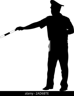 Schwarze Silhouetten des Polizeibeamten mit einer Stange auf weißem Hintergrund. Stock Vektor