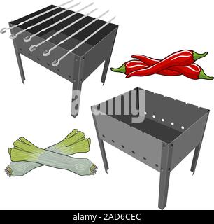 Vektor-schwarz-BBQ-Grill mit Zwiebeln und Paprika auf weißem Hintergrund. Stock Vektor