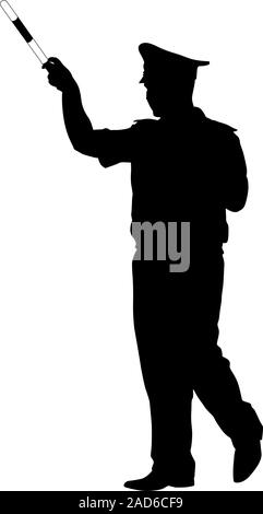 Schwarze Silhouetten des Polizeibeamten mit einer Stange auf weißem Hintergrund. Stock Vektor