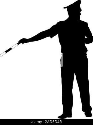 Schwarze Silhouetten des Polizeibeamten mit einer Stange auf weißem Hintergrund. Stock Vektor