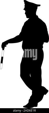 Schwarze Silhouetten des Polizeibeamten mit einer Stange auf weißem Hintergrund. Stock Vektor