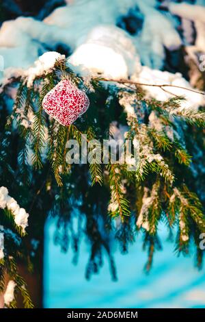 Rot Weihnachten Dekoration aufhängen außerhalb auf verschneiten Pine Tree Branch an sonnigen Wintertag. Stockfoto