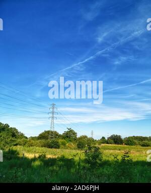 Hochspannungsmasten und Linien in einer ländlichen Landschaft vor blauem Himmel. grüne Landschaft an einem sonnigen Tag. Verbindung von Landwirtschaft und Industrie Stockfoto