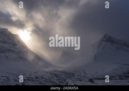 Landschaft im Schnee Drift, Stuor Reaiddavaggi, Lappland, Schweden Stockfoto