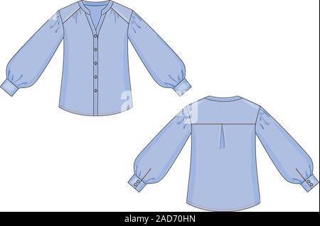 Farbe fashion Technische Skizze des Bluse mit Bündchen in Vektorgrafik Stock Vektor