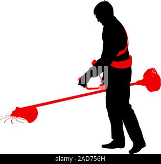 Silhouette Arbeitnehmer aus einem Garten schneidet Gras. Vector Illustration. Stock Vektor