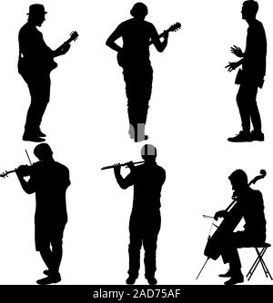 Silhouetten Straßenmusikanten spielen Instrumente. Vector Illustration. Stock Vektor