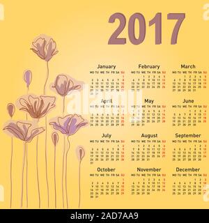 Stilvolle Kalender mit Blumen für 2017. Woche beginnt am Montag. Stock Vektor