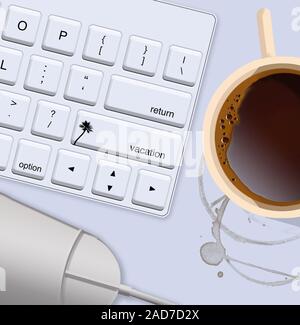 Ein Arbeitsbereich umfasst eine Tastatur, eine Maus und eine Tasse Kaffee. Eine Taste auf der Tastatur zugewiesen. Stockfoto