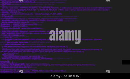 Violetter Bildschirm Codierung hacker Konzept Animation mit glitch. Programmiercode Tippfehler. Grosse Daten und Internet Cyber-angriffe. Programmiercode abstrakt. Blockchain Konzept, Computer digital Code Stockfoto