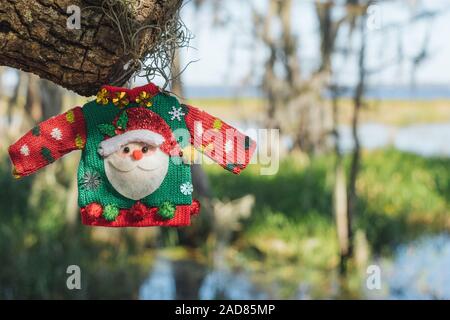 Weihnachten in Florida Konzept. Santa's hässlich Pullover in den Sümpfen von Lake Louisa State Park in der Nähe von Orlando, Florida. Stockfoto