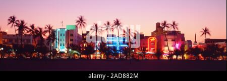 Blick auf Palmen und Gebäude, Ocean Drive, Miami Beach, Florida, USA Stockfoto