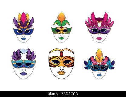 Karneval Maske Icon Set, farbenfrohes Design Stock Vektor