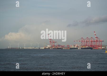 Containerbrücken stehen über Schiffe im Liverpool 2 Container dock Terminal. Liverpool 2 ist ein Container Terminal Erweiterung neben den Fluss Mersey e Stockfoto