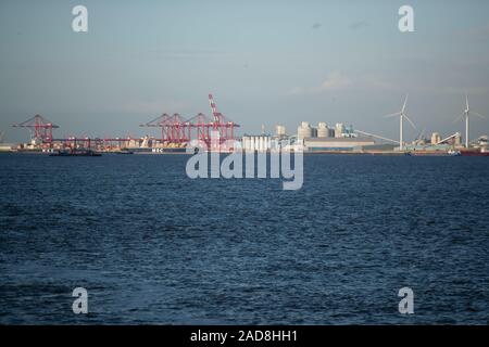 Containerbrücken stehen über Schiffe im Liverpool 2 Container dock Terminal. Liverpool 2 ist ein Container Terminal Erweiterung neben den Fluss Mersey e Stockfoto