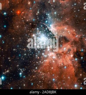 Tausende von funkelnden junge Sterne sind innerhalb der riesigen Nebel eingebettet NGC3603. Diese stellaren "Jewel Box' ist eine der massivsten jungen Sternhaufen in der Milchstraße. NGC3603 ist ein prominenter Sternentstehungsregion im Carina Spiralarm der Milchstraße, etwa 20.000 Lichtjahre entfernt. Das aktuellste Bild von NASA's Hubble Space Telescope zeigt einen jungen Sternhaufen durch eine riesige Region aus Staub und Gas umgeben. Das Bild zeigt Phasen im Lebenszyklus der Sterne. Leistungsstarke UV-Strahlung und schnelle Winde aus dem blauesten und heißesten Sterne haben eine große Blase um den Clu durchgebrannt Stockfoto