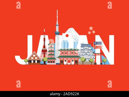 Japan reisen Orten und Sehenswürdigkeiten. Reisen Postkarte, tour Werbung für Japan. Stock Vektor