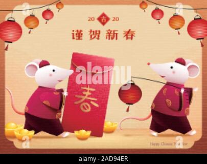 Weiße Maus mit roten Paket und Laterne in rot Trachten, chinesischen Text Übersetzung niedlich: Herzlich Willkommen im neuen Jahr und Feder Stock Vektor