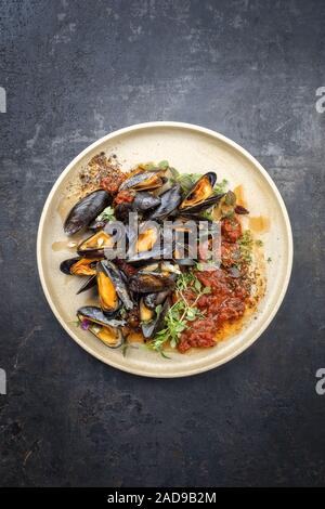 Traditionelle Grill italienische Miesmuschel in Tomatensauce mit Petersilie und Knoblauch in Rotweinsauce als Draufsicht auf modernes Design Stockfoto