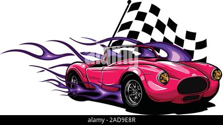 Vector Illustration Muscle Car mit Flammen und Race flag Stock Vektor