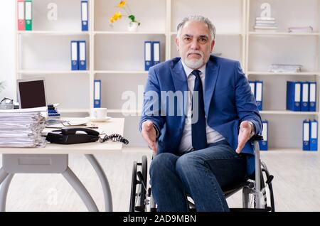 Im Alter von Beschäftigten im Rollstuhl die Arbeit im Büro Stockfoto