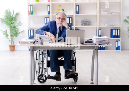Im Alter von Beschäftigten im Rollstuhl die Arbeit im Büro Stockfoto