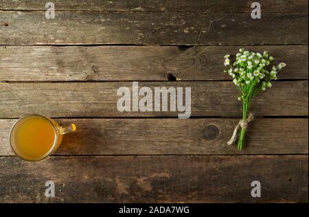 Frische Kräuter. Medizinische Kräuter (Kamille, Wermut, Schafgarbe, Pfefferminze, Johanniskraut und Zichorie) auf einem alten Holz- Board. Stockfoto