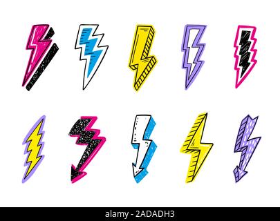 Doodle Lightning Bolts Vektor-Logo-Set. Konzept von Energie und Strom. Cartoon Flash-Kollektion. Power und elektrische Symbole, hohe Geschwindigkeit, Schnelligkeit Stock Vektor
