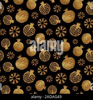 Granatapfel und Blumen gold Handbemalt nahtlose Muster. Abstrakt floral goldenen Hintergrund. Gypsy Glitzer Weiß Textur in Vintage, luxuriösen Stil. Stockfoto