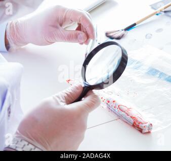 Kriminologen Polizei Chemiker bei der Kriminalität Beweise suchen Stockfoto