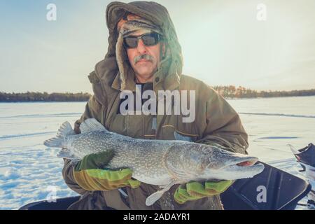 Fischer Holding einen grossen Hecht. Fang von Fisch, Süßwasser Angeln, Köder angeln. Winter's Angeln Wintersport angeln Männer hobby Stockfoto