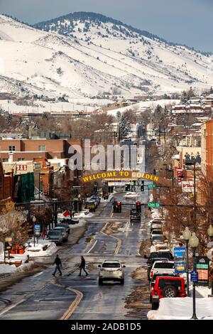 Innenstadt von Golden, Colorado, USA, im Winter. Stockfoto