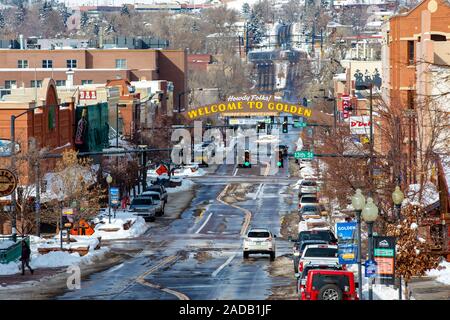 Innenstadt von Golden, Colorado, USA, im Winter. Stockfoto