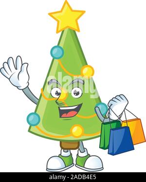 Fröhlichen Christbaumschmuck Zeichentrickfigur winken und Holding Shopping Taschen Stock Vektor