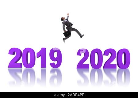 Geschäftsmann Sprung vom Jahr 2019 bis 2020 Stockfoto