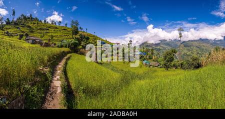 Panoramablick auf das Dorf mit Bauern Häuser und Terrasse Felder Stockfoto