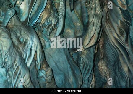 Die Beschaffenheit der Höhle mit Stalaktiten und Stalagmiten in der digitalen Verarbeitung als Zeichnung ist ähnlich wie die Zeichnungen von Giger. Glatte Textur. Blau Stockfoto