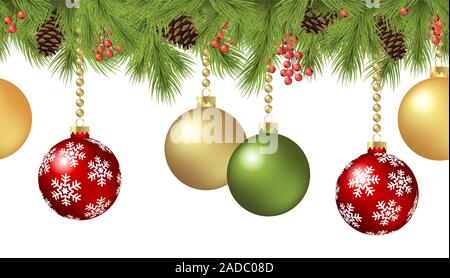 EPS 10 Vektor nahtlose Hintergrund Konzept mit Tannenzweigen und Knochen und hängenden roten und goldenen Christbaumkugeln Stock Vektor