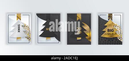 Weihnachtsbaum Banner. Gold schwarz weiß Abstrakt Hintergrund Stock Vektor