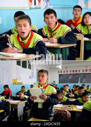(191204) - - Urumqi, Dez. 4, 2019 (Xinhua) - Combo Foto an November 20, 2019 zeigt die Imin ältester Sohn (C, oberes Foto) und jüngeren Sohn (vorn, unteres Foto) Teilnahme am Kurs an Nr. 1 der mittleren Schule von Yutian County im Nordwesten Chinas Autonomen Region Xinjiang Uygur genommen. Vor dem Umzug in die neue Siedlung am 07.11.17. und 18. November dieses Jahres, Schafe Herders Imin home wurde im Herzen der Wüste Taklimakan, der zweitgrößte Shifting Sand Wüste der Welt. Für Hunderte von Jahren, ist Imin Vorfahren haben entlang der Keriya Fluß, der fließt von Süden nach Norden in das Herz der endlosen San beigelegt Stockfoto