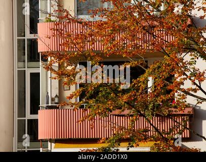 Balkon, modernes Wohnhaus im Herbst, Bremen Stockfoto