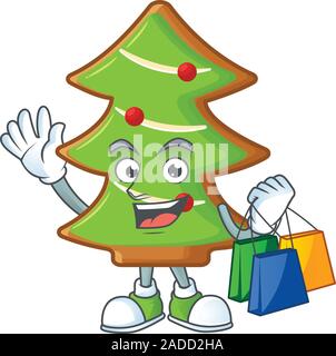 Freundliche Bäume cookies Zeichentrickfigur winken und Holding Shopping Taschen Stock Vektor
