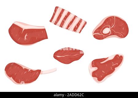 Satz von Fleisch schneidet mit Fett. Vector Illustration. Weißer Hintergrund. Stock Vektor
